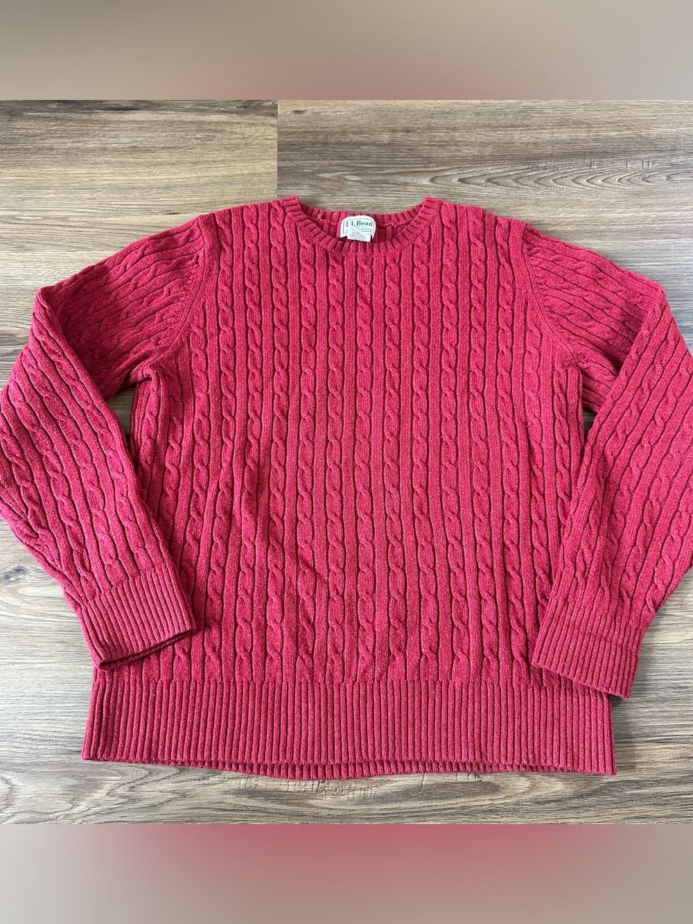 Vintage LL Bean Lambswool Cable Knit Sweater Women Large Red Fisherman Cottage